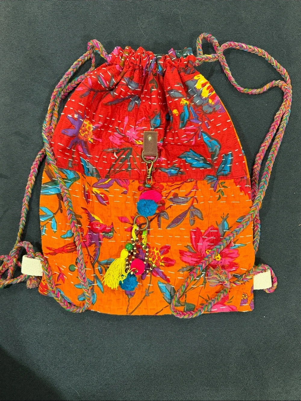 Handmade Kantha Style Cotton Drawstring Backpack Made India Boho Floral NWOT